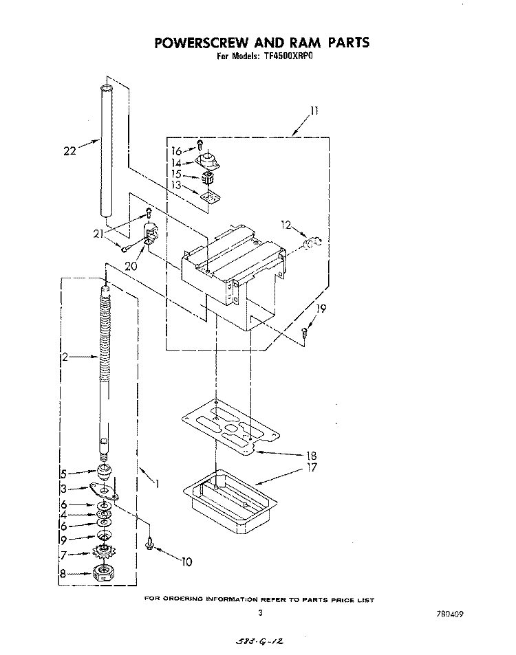 POWER SCREW AND RAM Diagram and Parts List for TF4500XRP0  Whirlpool Trash Compactor