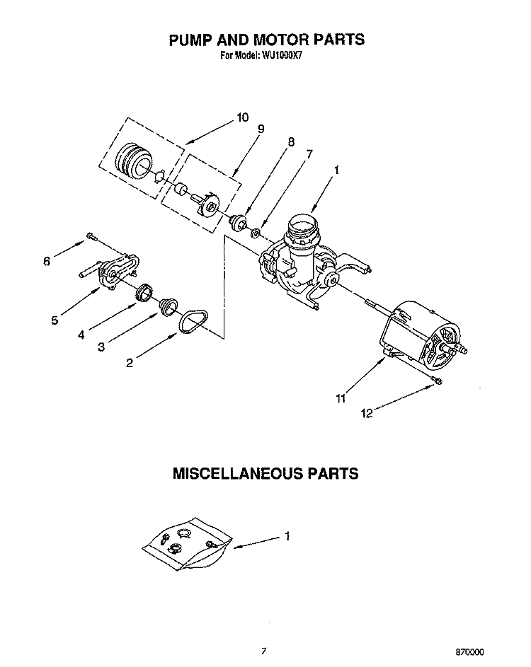 PUMP AND MOTOR, MISCELLANEOUS Diagram and Parts List for WU1000X7  Roper Dishwasher