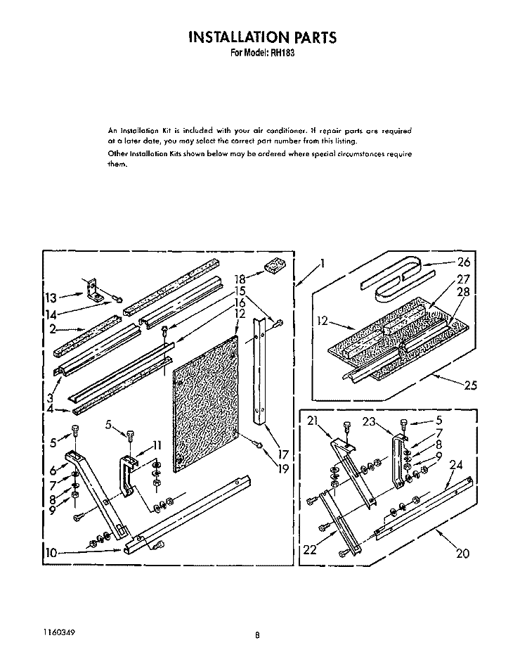 INSTALLATION Diagram and Parts List for BFRH183  Whirlpool Air Conditioner
