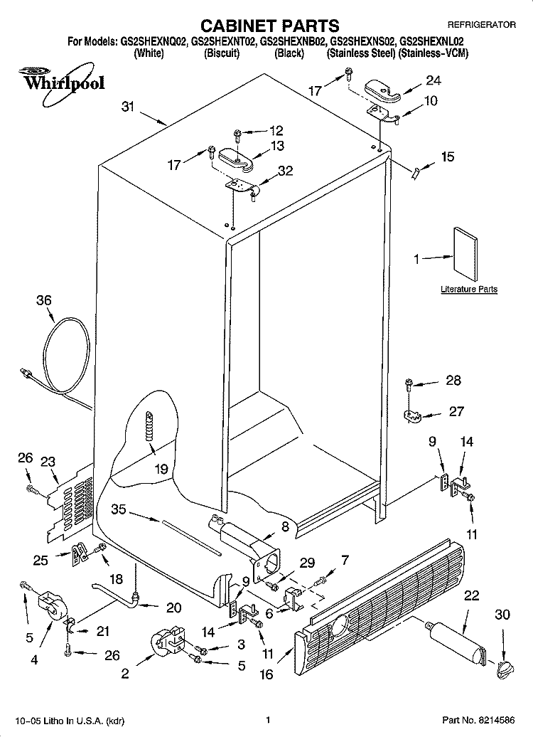 CABINET PARTS Diagram and Parts List for GS2SHEXNT02  Whirlpool Refrigerator