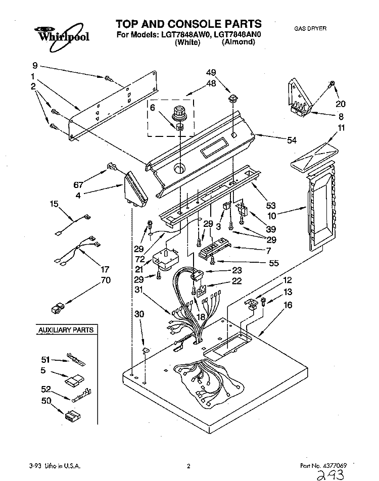 TOP AND CONSOLE, LIT/OPTIONAL Diagram and Parts List for LGT7848AN0  Whirlpool Dryer