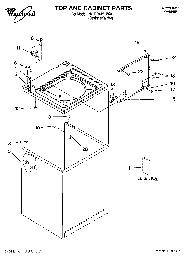 TOP AND CABINET PARTS Diagram and Parts List for 7MLBR4121PQ0  Whirlpool Washer