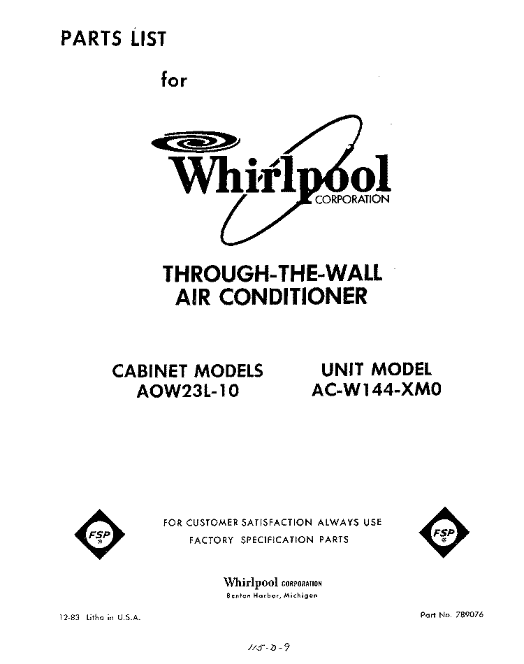 SECTION Diagram and Parts List for ACW144XM0  Whirlpool Air Conditioner