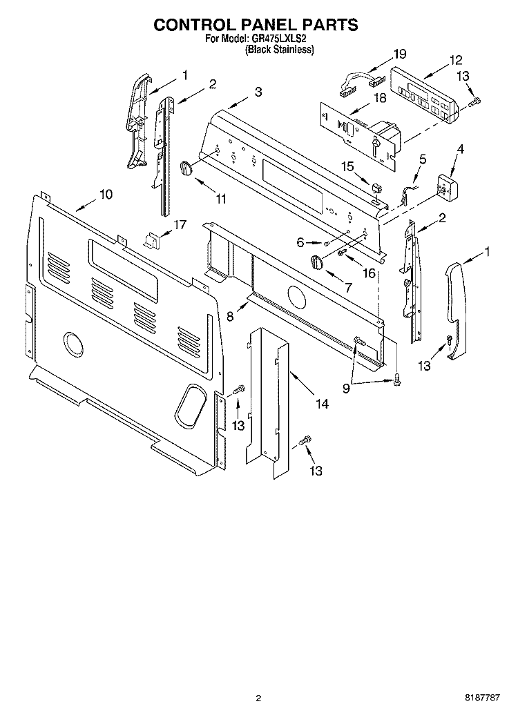 CONTROL PANEL PARTS Diagram and Parts List for GR475LXLS2  Whirlpool Range