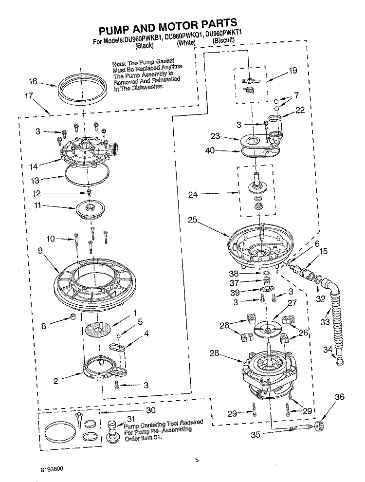 PUMP AND MOTOR Diagram and Parts List for DU960PWKB1  Whirlpool Dishwasher
