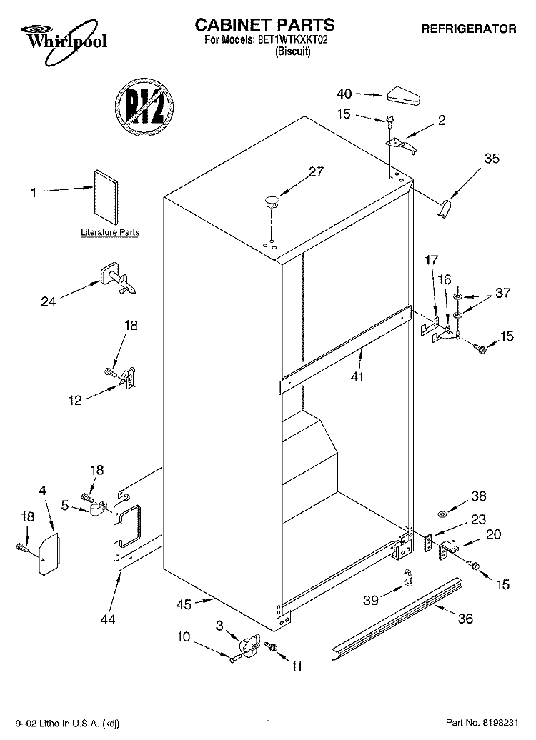 CABINET, LITERATURE Diagram and Parts List for 8ET1WTKXKT02  Whirlpool Refrigerator