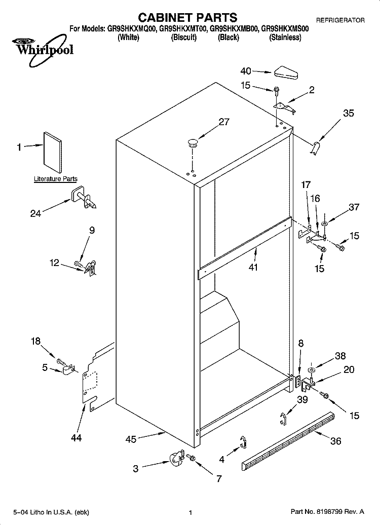 CABINET PARTS Diagram and Parts List for GR9SHKXMT00  Whirlpool Refrigerator