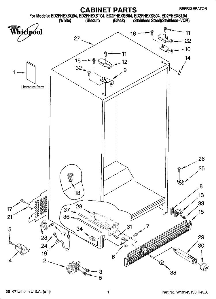 CABINET PARTS Diagram and Parts List for ED2FHEXSB04  Whirlpool Refrigerator