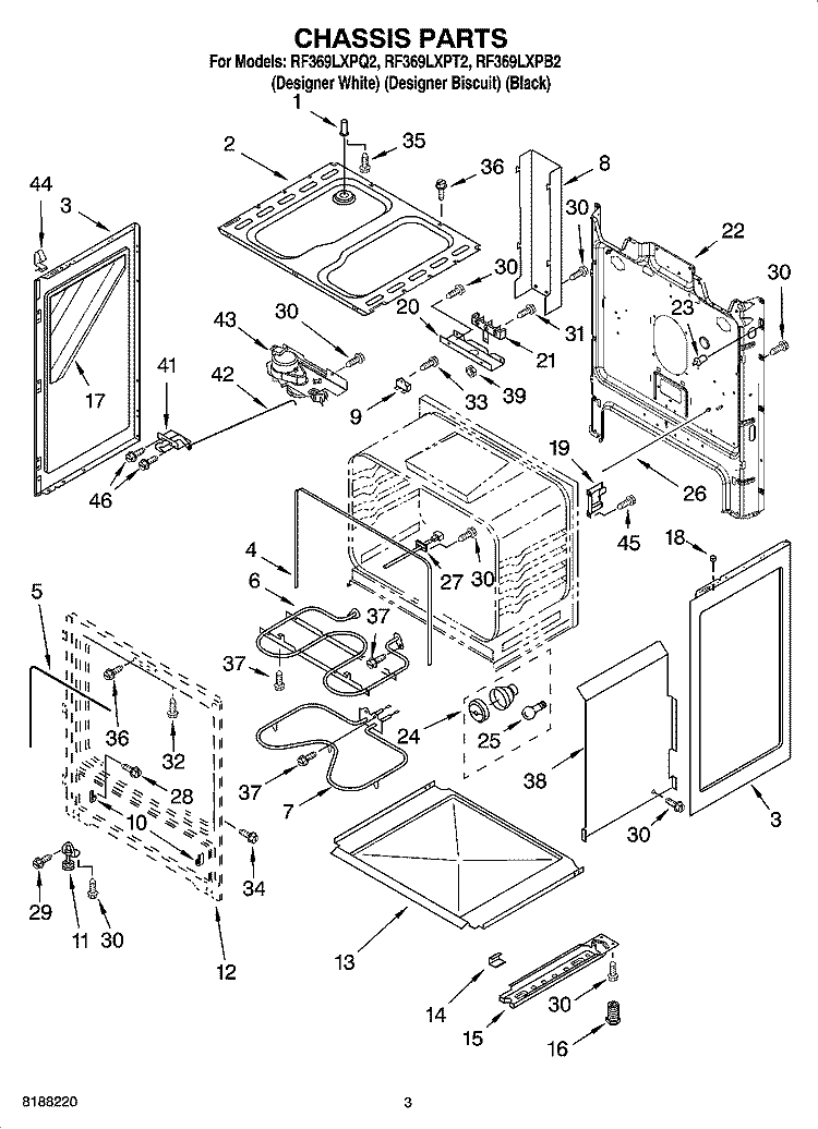 CHASSIS PARTS Diagram and Parts List for RF369LXPQ2  Whirlpool Range