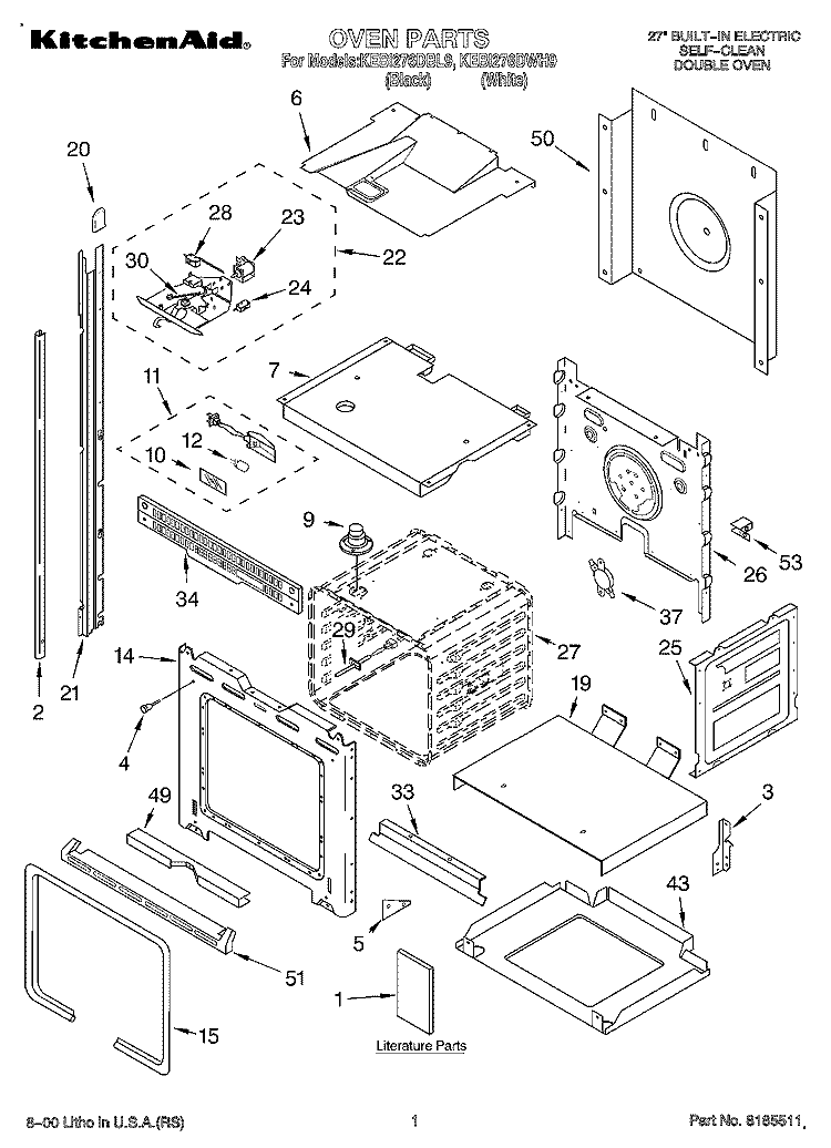 OVEN, LITERATURE Diagram and Parts List for KEBI276DBL9  KitchenAid Wall Oven