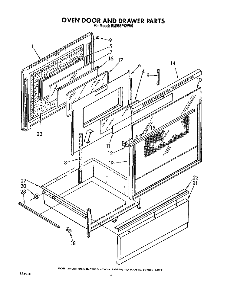 OVEN DOOR AND DRAWER Diagram and Parts List for RM988PXVM5  Whirlpool Microwave Oven Combo
