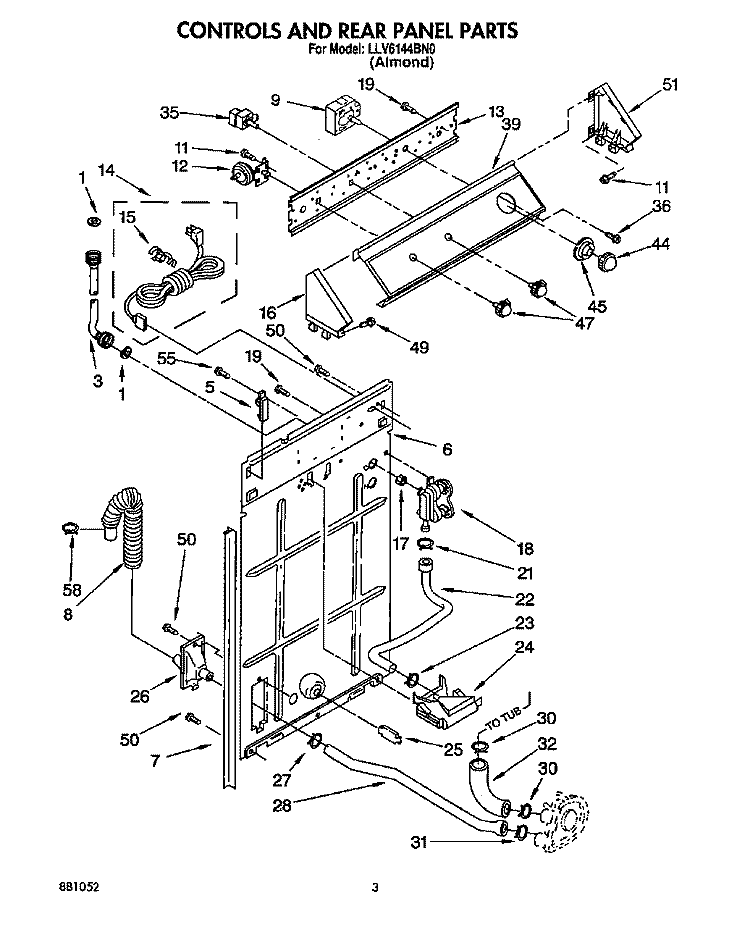 CONTROLS AND REAR PANEL Diagram and Parts List for LLV6144BN0  Whirlpool Washer