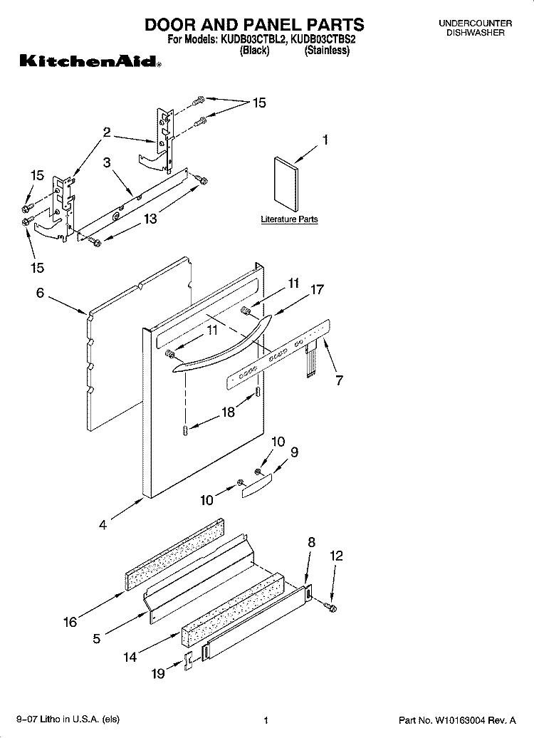 DOOR AND PANEL PARTS Diagram and Parts List for KUDB03CTBS2  KitchenAid Dishwasher