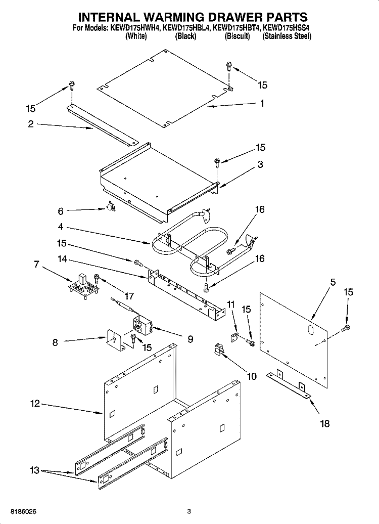 INTERNAL WARMING DRAWER PARTS Diagram and Parts List for KEWD175HBL4  KitchenAid Warming Drawer