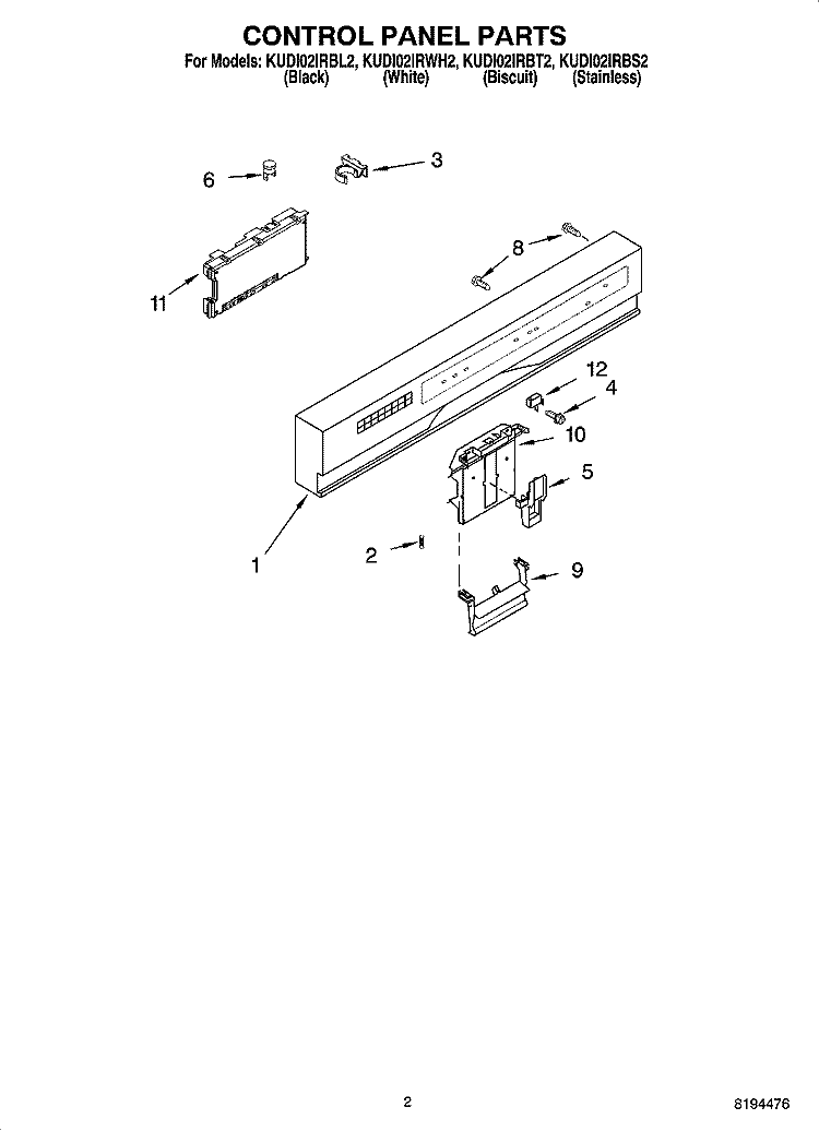 CONTROL PANEL PARTS Diagram and Parts List for KUDI02IRWH2  KitchenAid Dishwasher