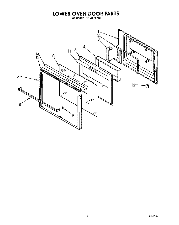 LOWER OVEN DOOR Diagram and Parts List for RB170PXYQ0  Whirlpool Wall Oven
