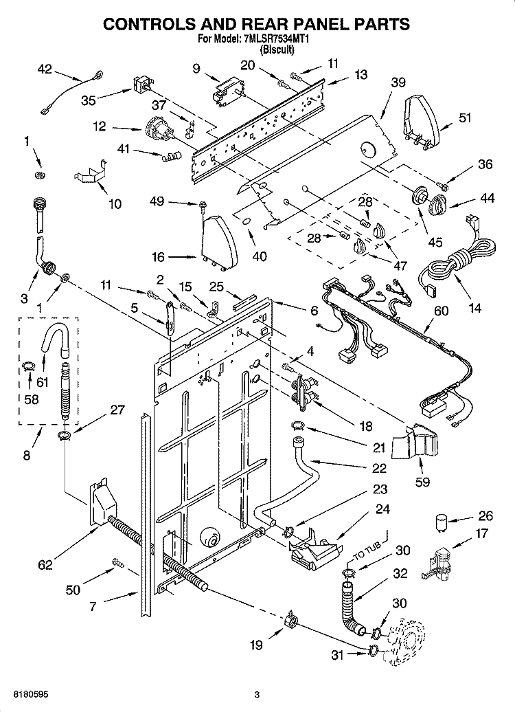 CONTROLS AND REAR PANEL PARTS Diagram and Parts List for 7MLSE7534PT0  Whirlpool Washer