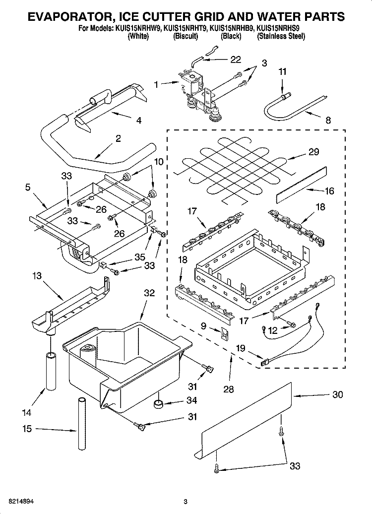EVAPORATOR, ICE CUTTER GRID AND WATER PARTS Diagram and Parts List for KUIS15NRHT9  KitchenAid Ice Maker