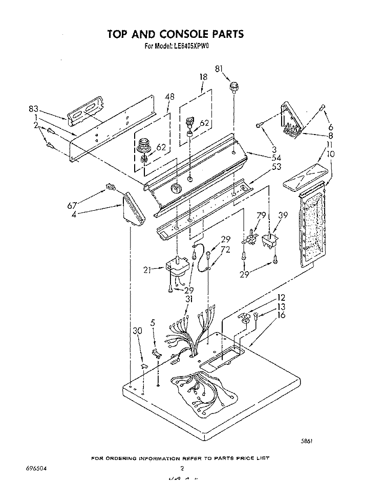 TOP AND CONSOLE , LITERATURE AND OPTIONAL Diagram and Parts List for LE6405XPW0  Whirlpool Dryer