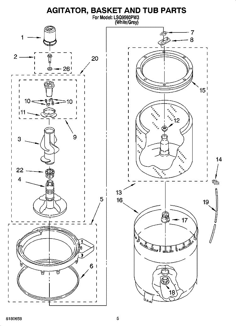 AGITATOR, BASKET AND TUB PARTS Diagram and Parts List for LSQ9560PW3  Whirlpool Washer