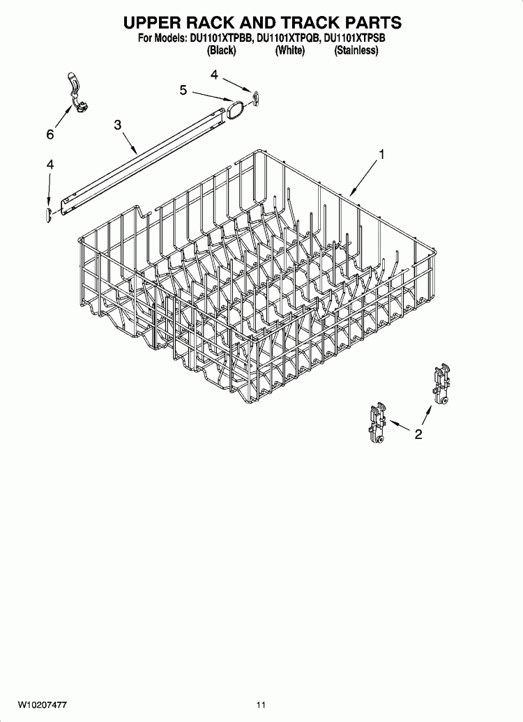 UPPER RACK AND TRACK PARTS Diagram and Parts List for DU1101XTPBB  Whirlpool Dishwasher
