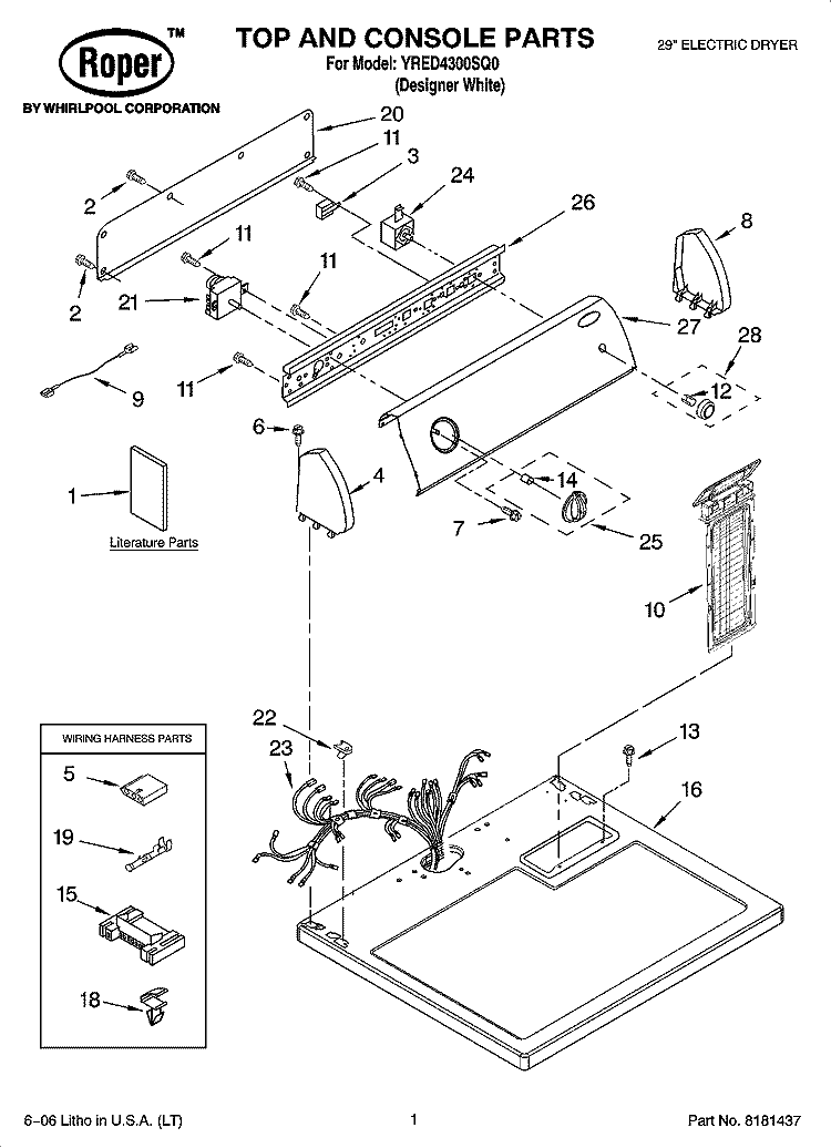 TOP AND CONSOLE PARTS Diagram and Parts List for YRED4300SQ0  Roper Dryer