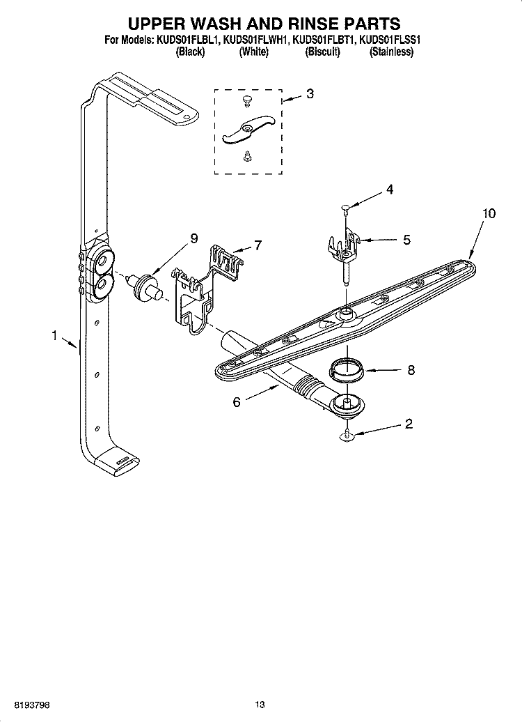 UPPER WASH AND RINSE PARTS Diagram and Parts List for KUDS01FLSS1  KitchenAid Dishwasher