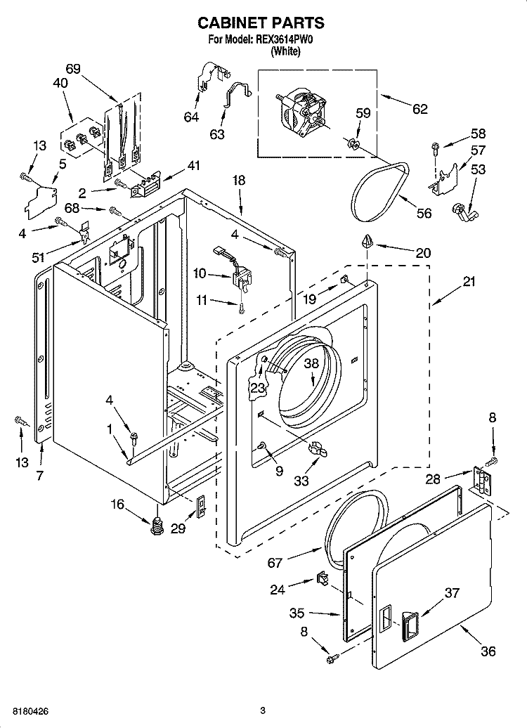 CABINET PARTS Diagram and Parts List for REX3614PW0  Roper Dryer
