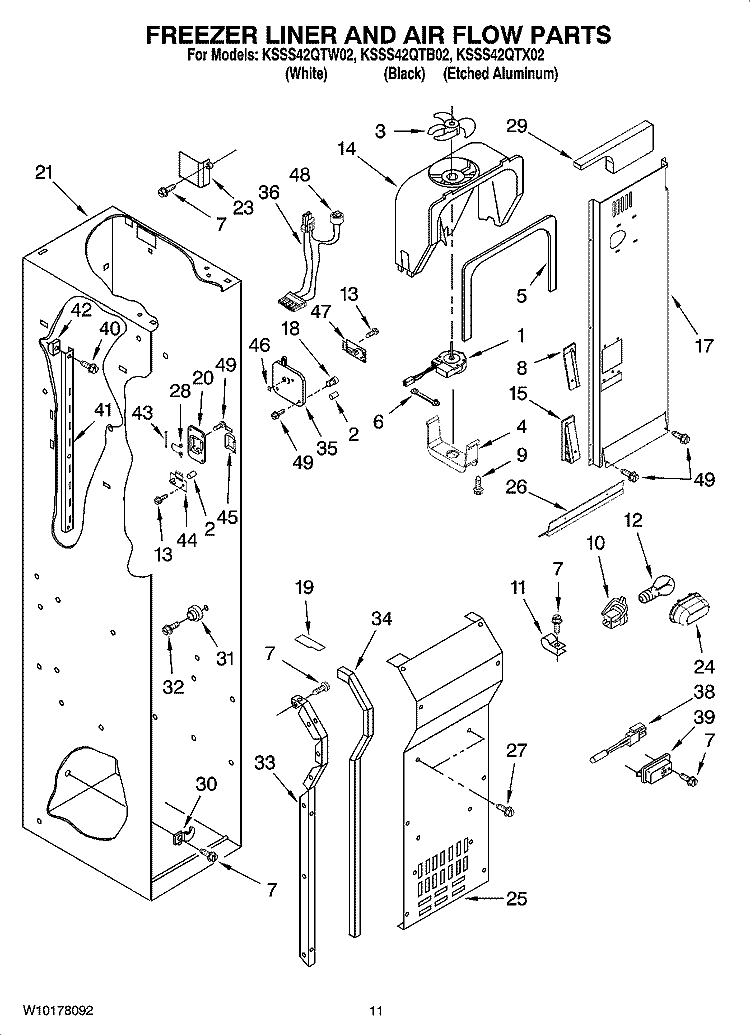 FREEZER LINER AND AIR FLOW PARTS Diagram and Parts List for KSSS42QTB02  KitchenAid Refrigerator