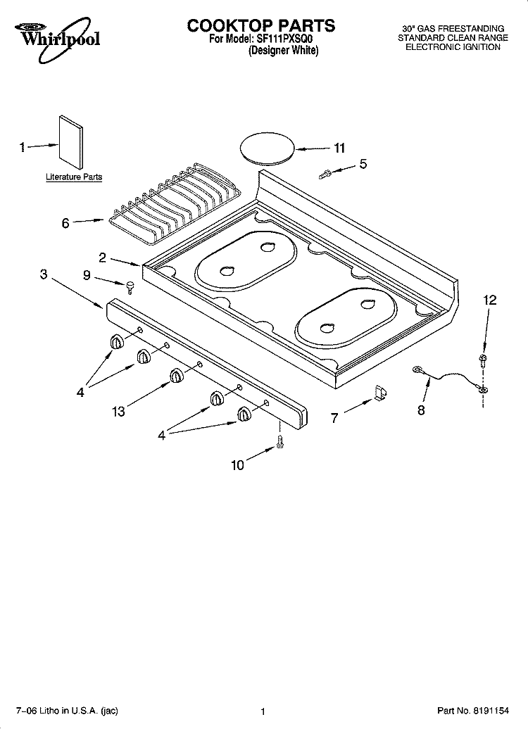 COOKTOP PARTS Diagram and Parts List for SF111PXSQ0  Whirlpool Range