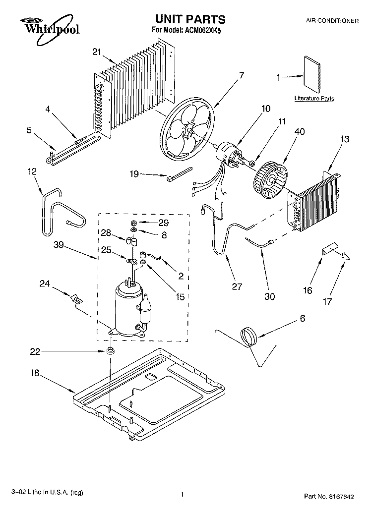 UNIT, LITERATURE Diagram and Parts List for ACM062XK5  Whirlpool Air Conditioner