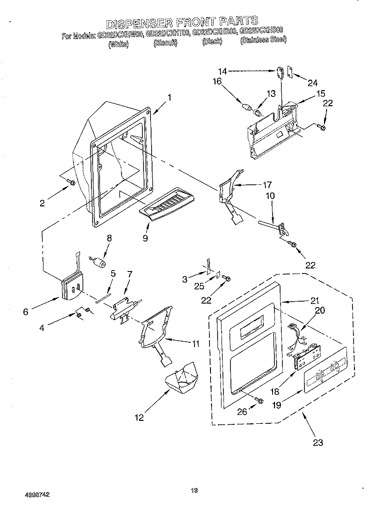 DISPENSER FRONT Diagram and Parts List for GD22DCXHT00  Whirlpool Refrigerator