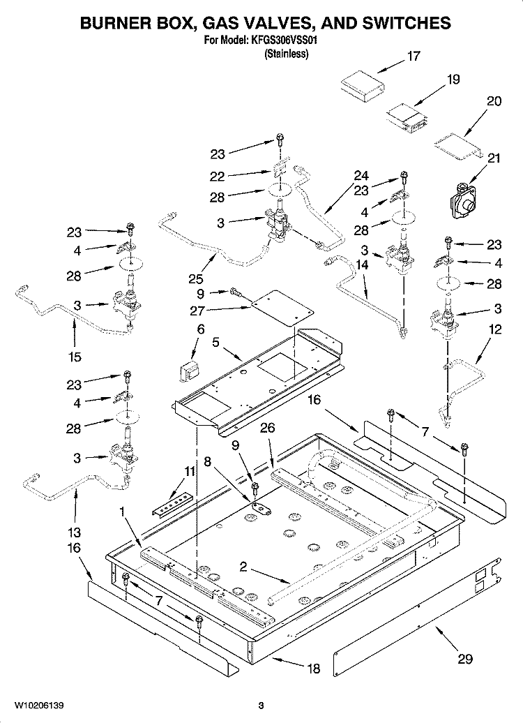 BURNER BOX, GAS VALVES, AND SWITCHES, OPTIONAL PARTS (NOT INCLUDED) Diagram and Parts List for KFGS306VSS01  KitchenAid Cooktop