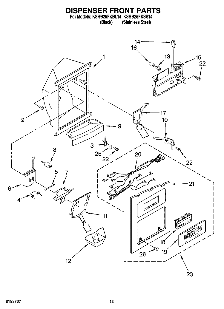 DISPENSER FRONT PARTS Diagram and Parts List for KSRB25FKBL14  KitchenAid Refrigerator