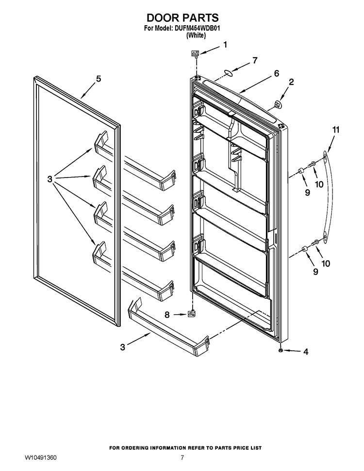 DOOR PARTS Diagram and Parts List for DUFM454WDB01  Whirlpool Freezer