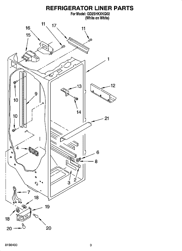 REFRIGERATOR LINER PARTS Diagram and Parts List for GD2SHKXKQ02  Whirlpool Refrigerator