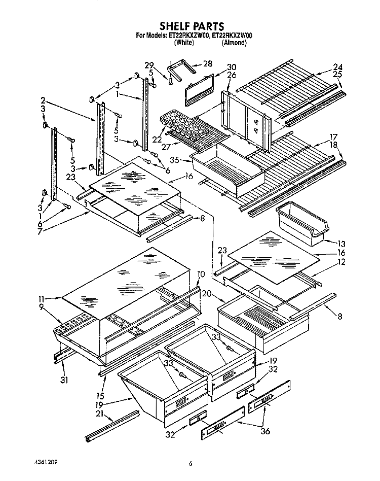 SHELF, LIT/OPTIONAL Diagram and Parts List for ET22RKXZW00  Whirlpool Refrigerator