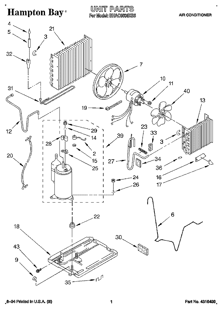 UNIT, LITERATURE Diagram and Parts List for BHAC0500XS5  Whirlpool Air Conditioner