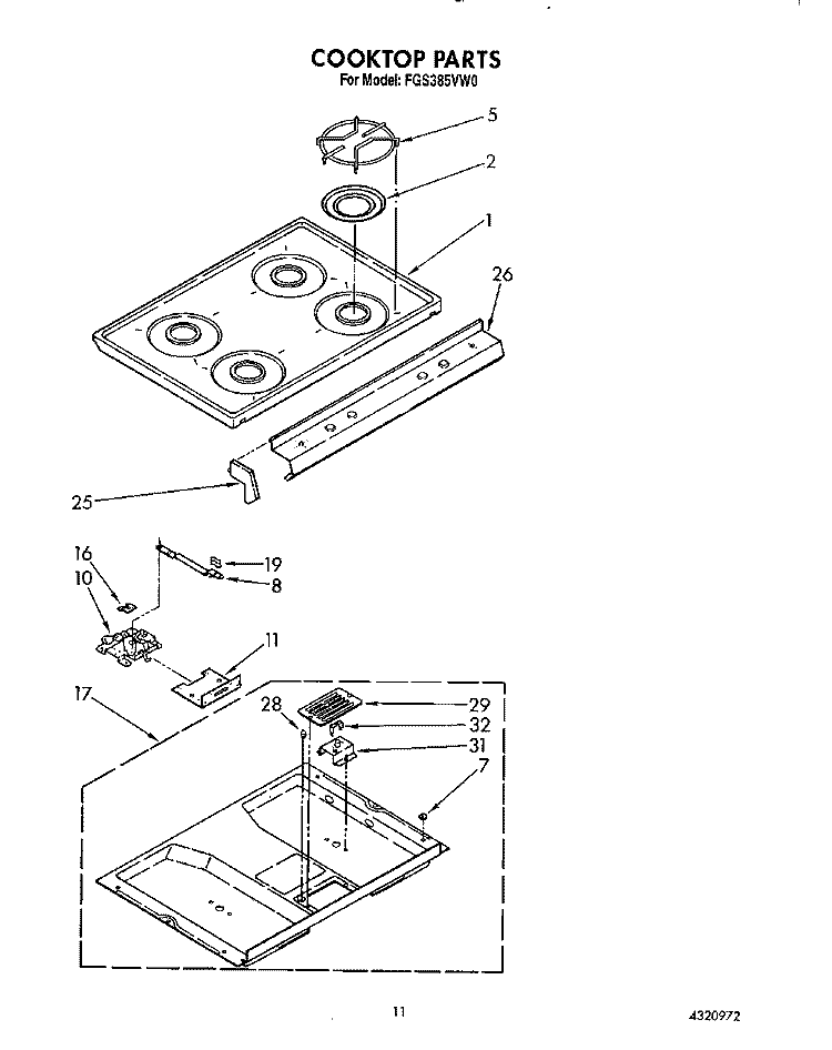 COOKTOP Diagram and Parts List for FGS385VL0  Whirlpool Range