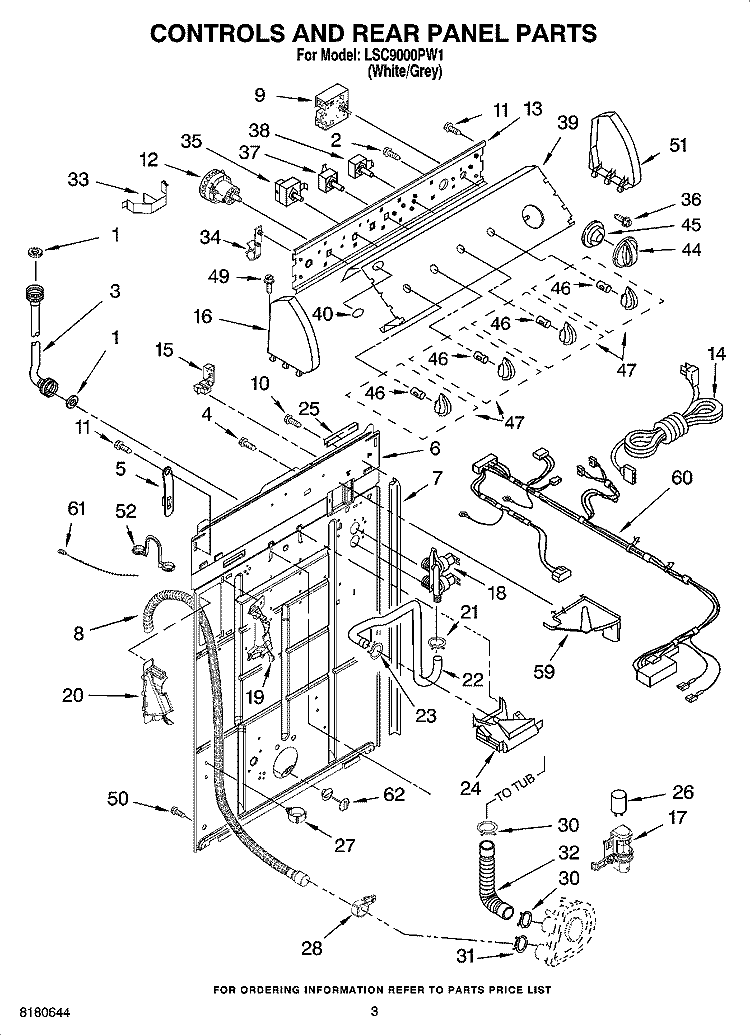 CONTROLS AND REAR PANEL PARTS Diagram and Parts List for LSC9000PW1  Whirlpool Washer