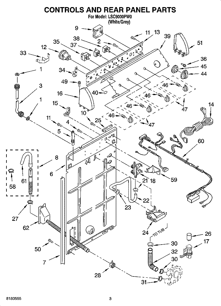 CONTROLS AND REAR PANEL PARTS Diagram and Parts List for LSC9000PW0  Whirlpool Washer