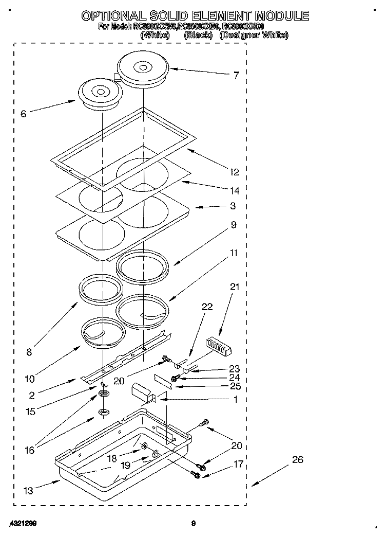 OPTIONAL SOLID ELEMENT MODULE Diagram and Parts List for RC8900XXW0  Whirlpool Cooktop