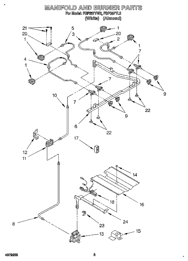 MANIFOLD AND BURNER Diagram and Parts List for FGP357YW2  Whirlpool Range
