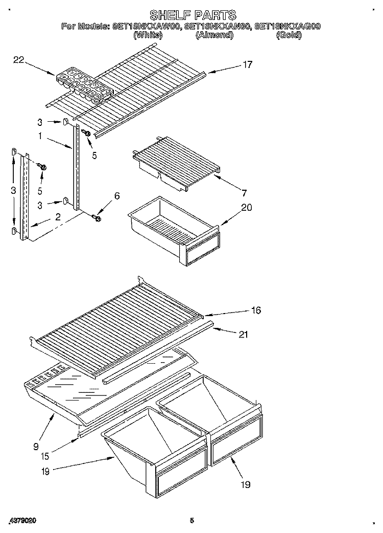 SHELF Diagram and Parts List for 8ET18NKXAN00  Whirlpool Refrigerator