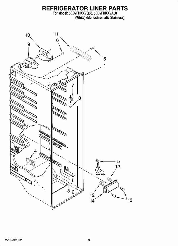 REFRIGERATOR LINER PARTS Diagram and Parts List for 5ED2FHKXVQ00  Whirlpool Refrigerator