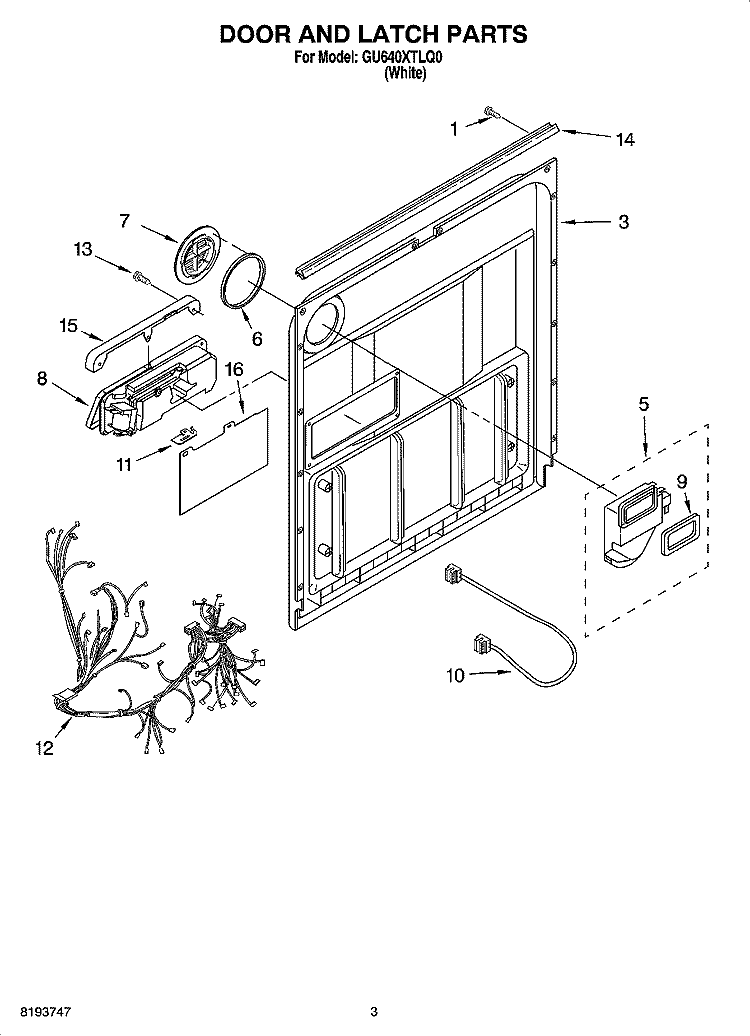 DOOR AND LATCH PARTS Diagram and Parts List for GU640XTLQ0  Whirlpool Dishwasher