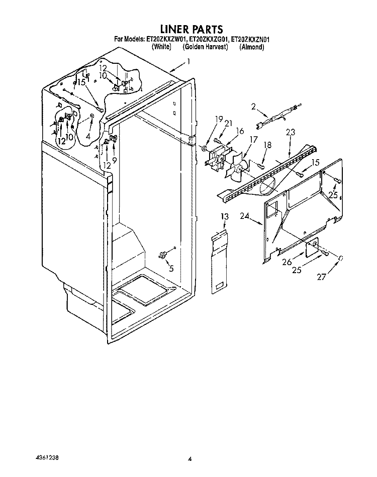 LINER Diagram and Parts List for ET20ZKXZG01  Whirlpool Refrigerator