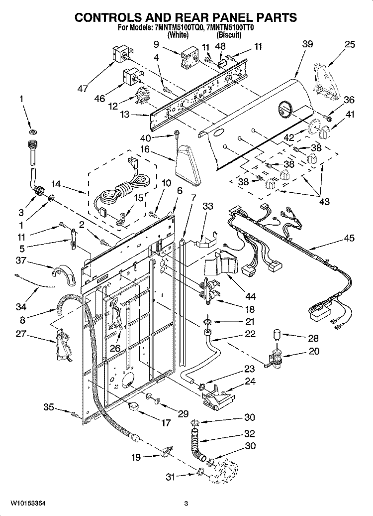 CONTROLS AND REAR PANEL PARTS Diagram and Parts List for 7MNTM5100TT0  Whirlpool Washer