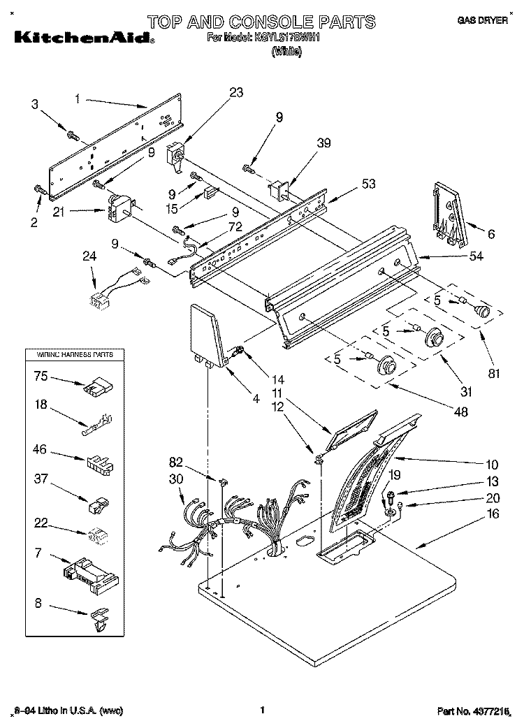 TOP AND CONSOLE, LIT/OPTIONAL Diagram and Parts List for KGYL517BWH1  KitchenAid Dryer