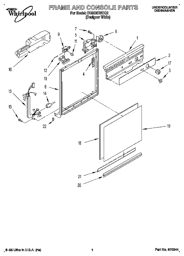 FRAME AND CONSOLE Diagram and Parts List for DU800CWDQ2  Whirlpool Dishwasher